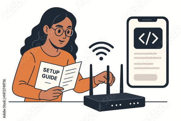 Obraz Tech-savvy young woman configuring a home Wi-Fi router connection, following a setup guide manual and using a smartphone application. Flat vector illustration for technology concept.