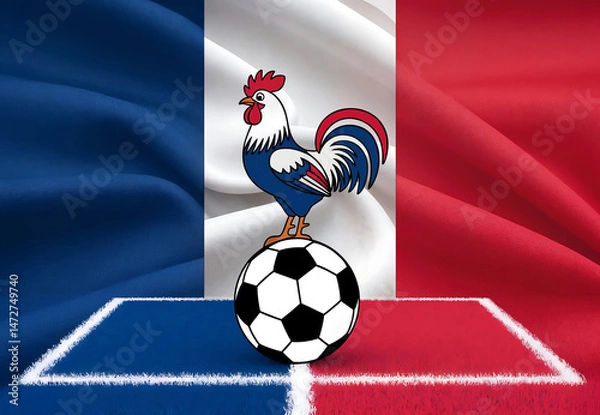 Fototapeta Coq tricolore bleu blanc rouge, mascotte sportive de l'équipe de France avec le ballon de foot dans le stade
