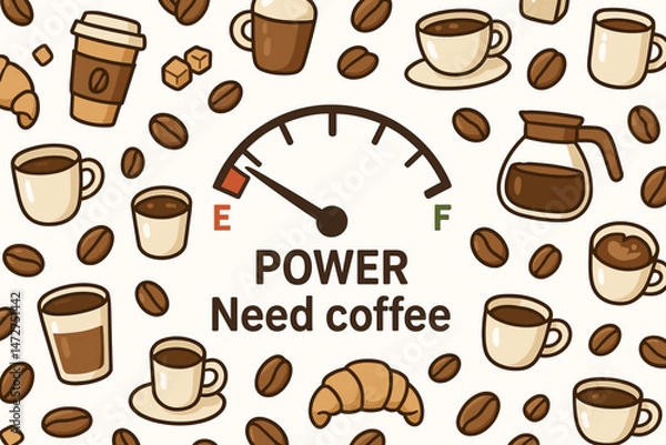 Fototapeta Running on Empty Need Coffee Power Boost Vector Illustration. Funny Fuel Gauge Concept with Cartoon Coffee Cups, Beans, Pot, Croissant Background symbolizing Morning Caffeine Energy.
