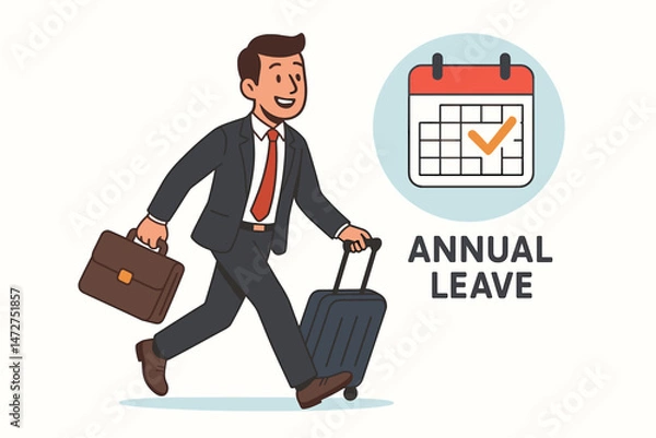 Fototapeta Happy businessman excited for annual leave, walking with suitcase and briefcase next to calendar icon showing approved vacation day, work-life balance vector illustration.