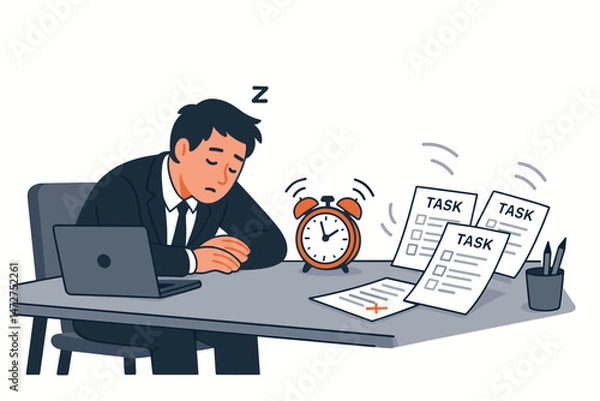 Fototapeta Overworked businessman slumped asleep at his office desk, ignoring a ringing alarm clock amid task lists and laptop. Flat vector illustration showing work fatigue, burnout, and stress.