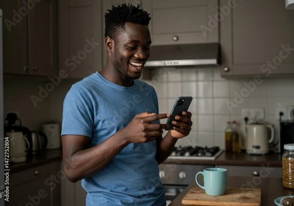 Fototapeta Joyful african man smiling while using his smartphone in a cozy kitchen setting at home.