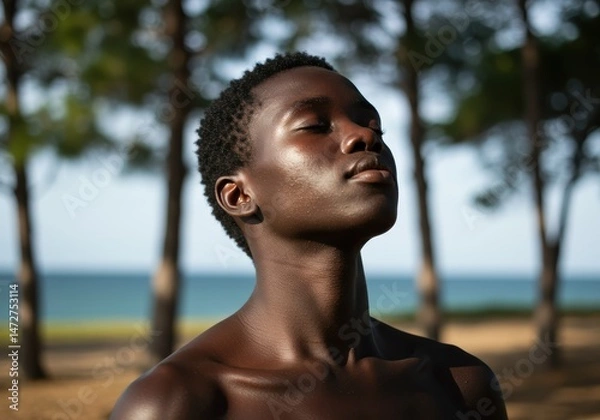 Fototapeta A serene portrait captures a person enjoying the sun with closed eyes near the beach.