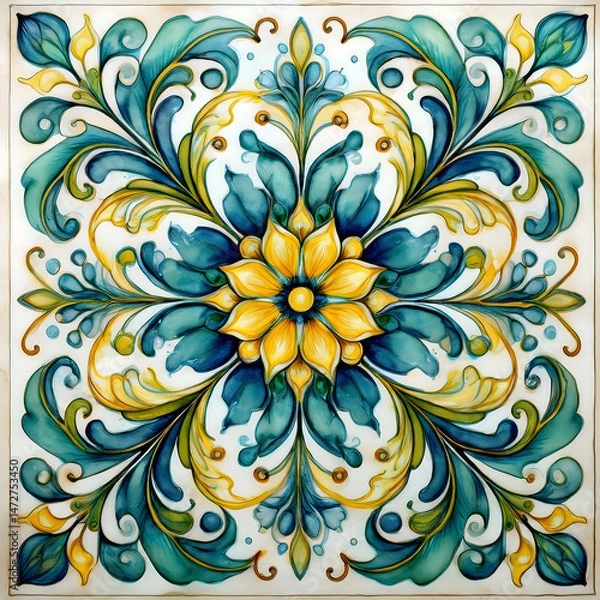 Fototapeta Intricate tile with a central yellow flower surrounded by swirling teal and blue foliage on a light background