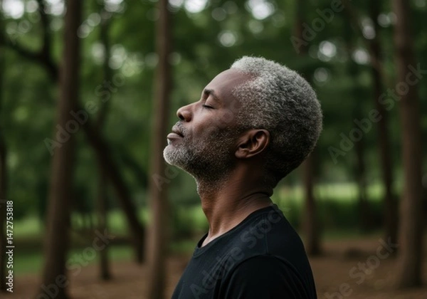Fototapeta An older man with his eyes closed enjoys the serenity of nature in a lush green forest setting.