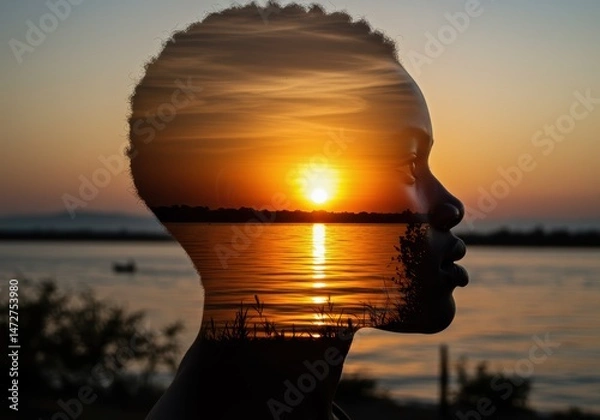 Fototapeta Stunning silhouette profile overlaid with a serene sunset over the calm waters, artistic and beautiful.
