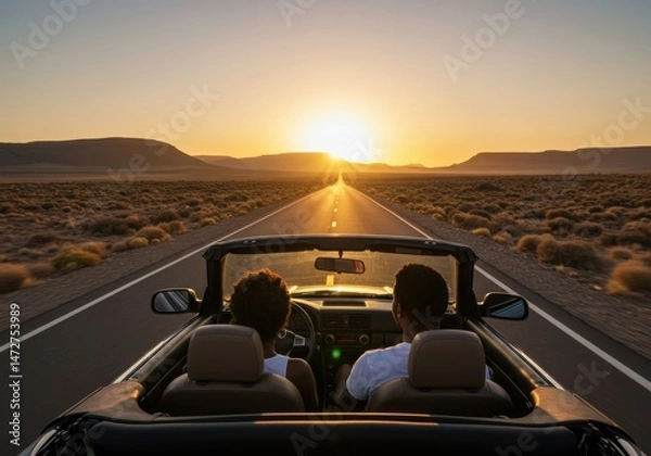 Fototapeta Couple enjoying a road trip during the sunset in a convertible car, scenic views ahead.