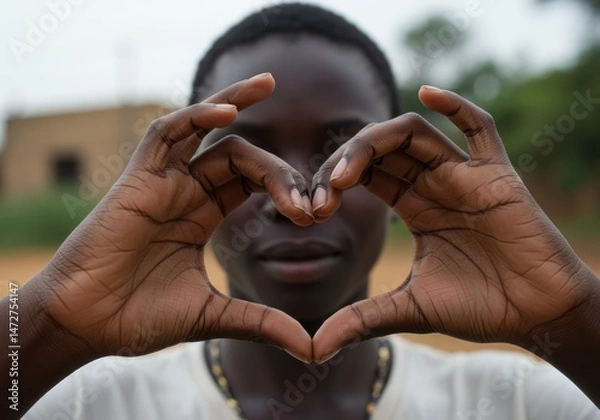 Fototapeta A young individual forms a heart shape with their hands, embodying a universal symbol of love.