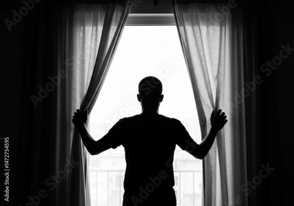 Fototapeta A backlit figure pulls open the curtains, welcoming the day and its natural light.