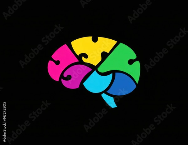 Fototapeta Colorful brain puzzle pieces symbolizing mental health on black background. Mental health  and neurodiversity awareness.  