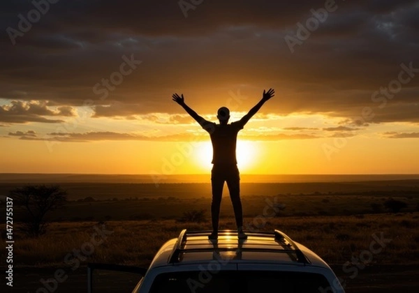 Fototapeta Silhouette of a person standing on top of a car roof, arms raised towards the sunset.