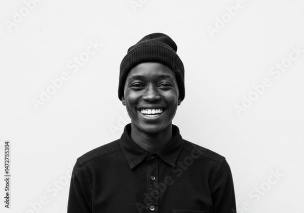 Fototapeta A smiling person in a black beanie is captured in a classic, stylish portrait.