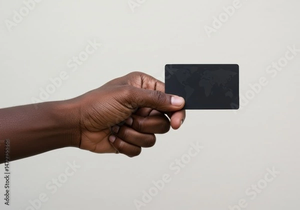 Fototapeta Close-up of an african american hand presenting a black business card with a world map design.