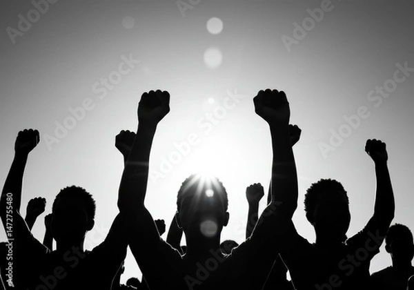 Fototapeta Silhouetted fists raised towards the sun, illustrating a unified movement and strong message.