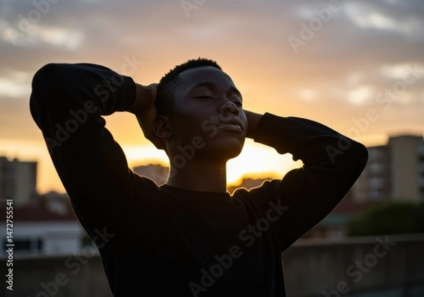 Fototapeta A silhouetted young black man enjoying a serene moment during a beautiful sunset on a rooftop.