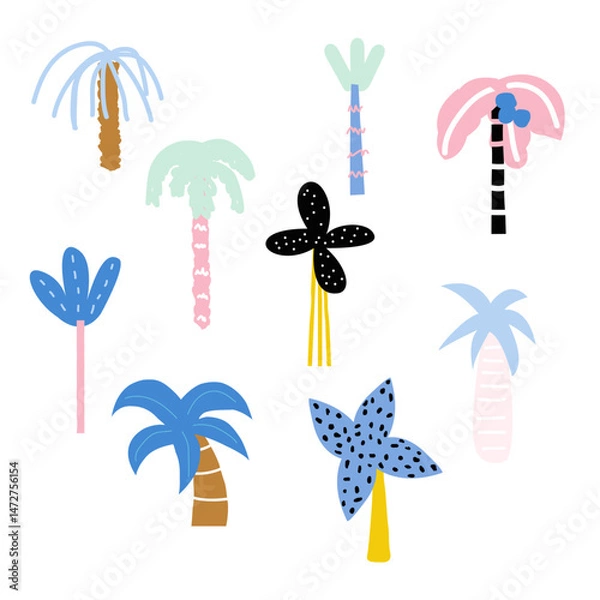 Fototapeta Set of funny cartoon palm trees. Vector hand drawn illustration.