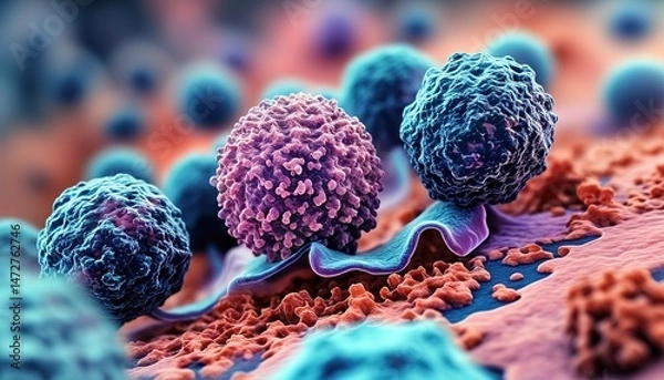 Fototapeta Microscopic view of cancer cells, detailed 3D medical illustration of tumor growth on tissue surface