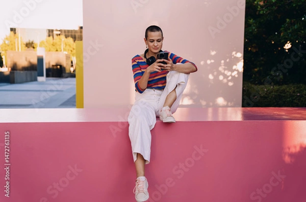 Fototapeta Young modern woman sitting casually, checking her phone for messages or making online payment, surrounded by bold urban color blocks and minimalist city architecture