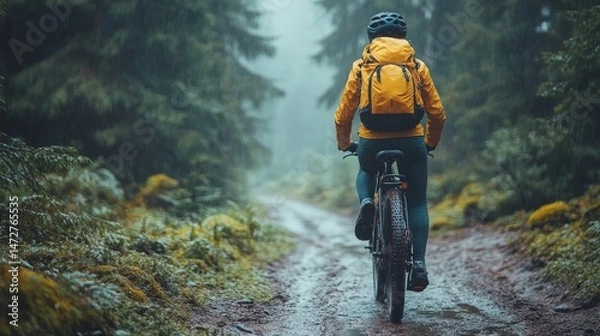 Fototapeta Person on a bicycle in a misty forest path.