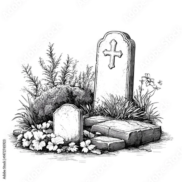 Fototapeta vector drawing sketch of grave on white background .Generative AI