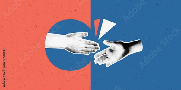 Fototapeta Merger and acquisition concept. Collage banner with halftone hands reaching out to each other on puzzle background. Handshake, partnership, cooperation, success deal. Modern retro vector illustration