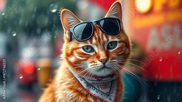 Fototapeta Cool cat with sunglasses and bandana in urban setting.