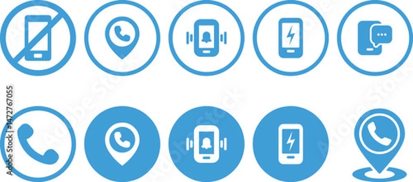 Fototapeta mobile phone, phone icon, location pin, gps navigation, contact list, call icon, message icon, smartphone icons, black and white icons