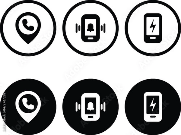 Fototapeta mobile phone, phone icon, location pin, gps navigation, contact list, call icon, message icon, smartphone icons, black and white icons