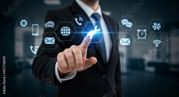 Fototapeta A businessman in a suit pointing at a wrench icon surrounded by other digital interface icons overlayed