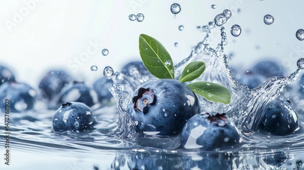 Obraz Fresh blueberries splashing in clear water with green leaves on light background. Vibrant fruit refreshment concept symbolizing antioxidants, health, and hydration.