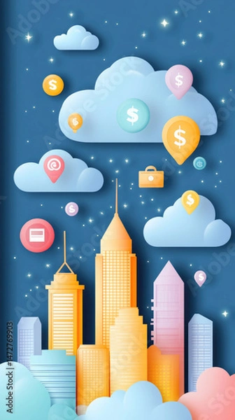 Obraz Night cityscape with cloud-based financial icons