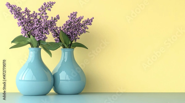 Obraz Two light blue vases hold vibrant purple lilac blossoms against a pale yellow wall