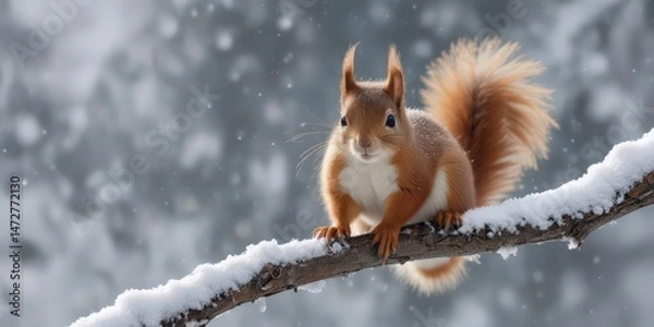Obraz Tiny red squirrel clings to snow-laden twig, snowflakes falling ,  nature,  snowflake,  photograph