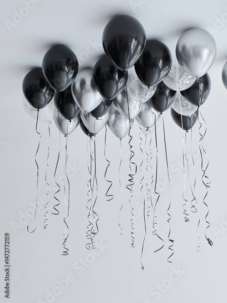 Obraz Helium balloons in black, silver, and transparent glitter, floating near the ceiling with thin black curling ribbons hanging down.