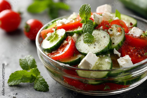 Fototapeta Colorful salad with feta, cucumbers, and tomatoes in glass bowl