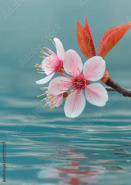 Obraz Delicate pink blossoms, reflected in tranquil water