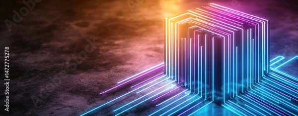 Obraz Glowing cube with neon lines on dark surface