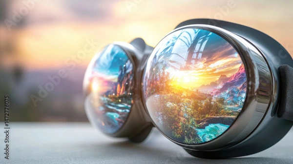Obraz Goggles reflecting a vibrant sunset landscape