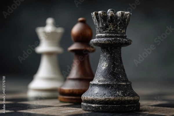 Fototapeta Wooden chessboard transformed into a war zone with worn pieces reflecting battle history