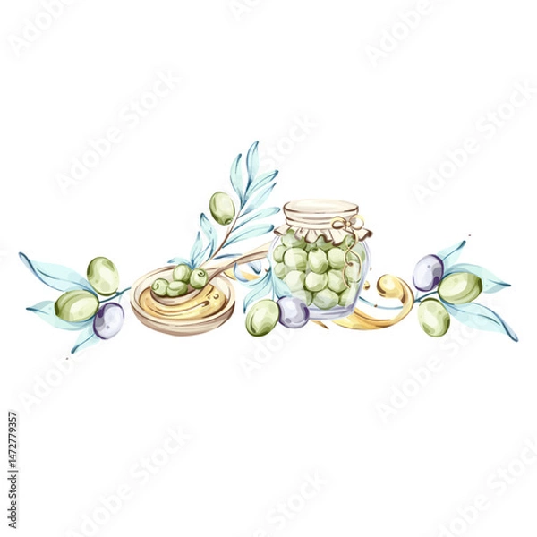 Fototapeta Exploring the beauty of olives and olive oil through watercolor illustrations frame, border, arrangement