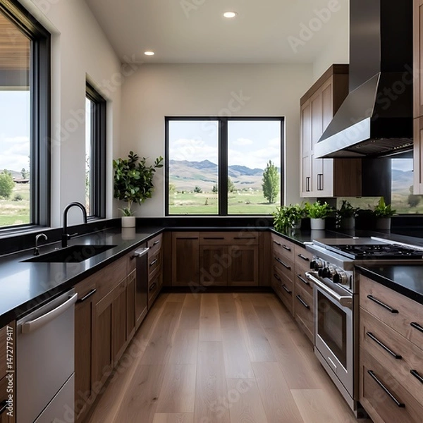 Fototapeta Modern Kitchen Design with Dark Countertops, Wooden Cabinets, and Scenic Mountain View Through Large Windows Creates a Welcoming Space.