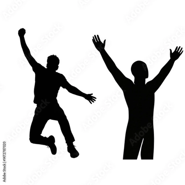 Fototapeta Silhouetted figures with raised arms in celebration and triumphant pose
