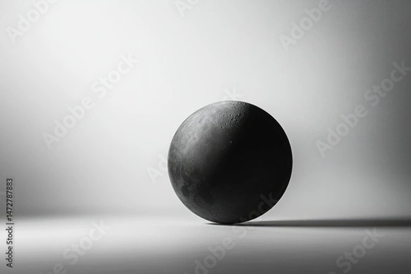 Obraz A grayscale image showing a sphere resembling a moon, meticulously detailed with craters, rests on a minimalist, light gray background.