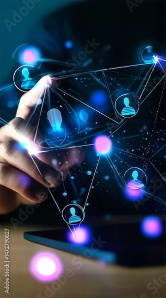 Obraz Finger touching holographic network of user profiles connected in a digital matrix interface
