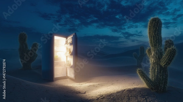 Fototapeta Illustration of a freezer in the desert at night