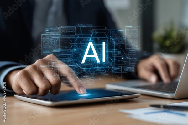 Obraz Professional using AI digital interface on tablet in a modern office setting with virtual AI data
