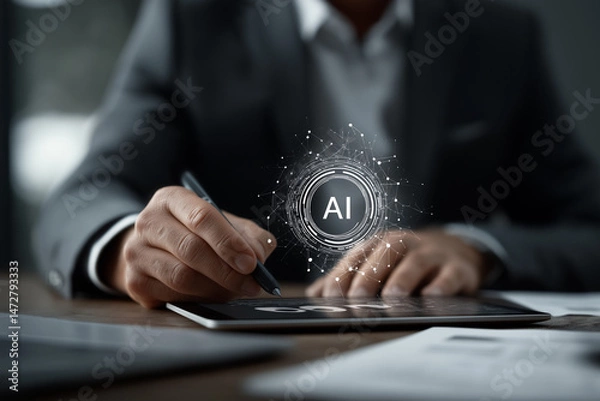 Obraz AI digital interface with glowing AI symbol and data projections in futuristic workspace
