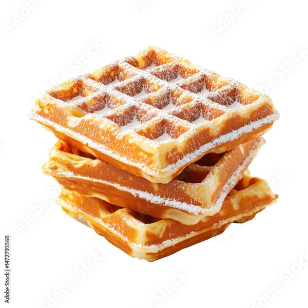 Fototapeta Stack of golden brown waffles sprinkled with powdered sugar, isolated on white transparent background, concept of sweet breakfast treat