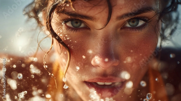 Fototapeta Mujer joven sonriente disfrutando del mar en un día soleado
