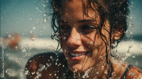 Fototapeta Mujer joven sonriente disfrutando del mar en un día soleado